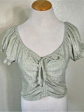 American Eagle Outfitters Sage Green Eyelet Drawstring Crop Top